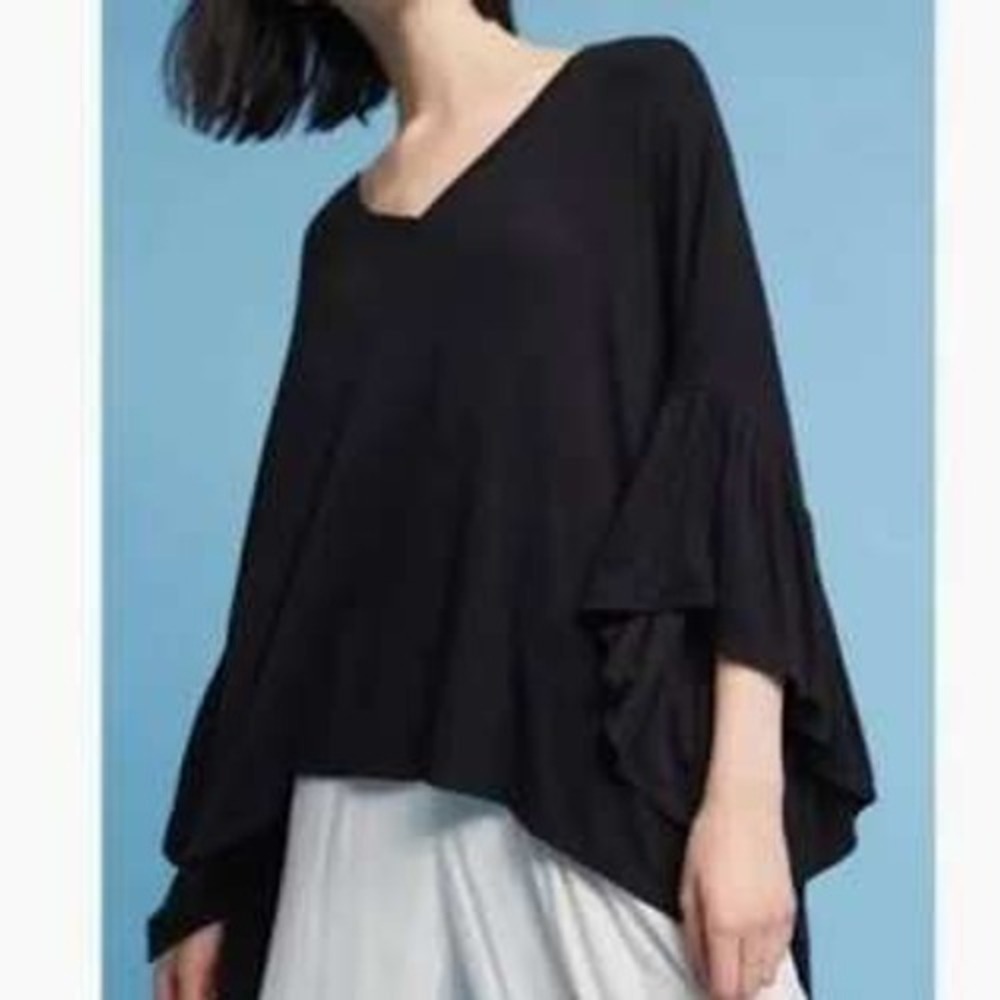 Akemi & Kim Anthropologie Black Ribbed Oversized Black V Neck Top Ruffle Sleeves - Picture 3 of 10